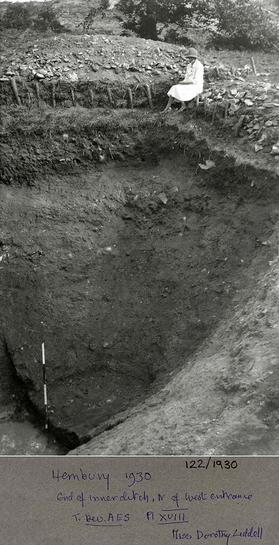 Dorothy Liddell at the end of inner ditch, N of West entrance, Hembury 1930